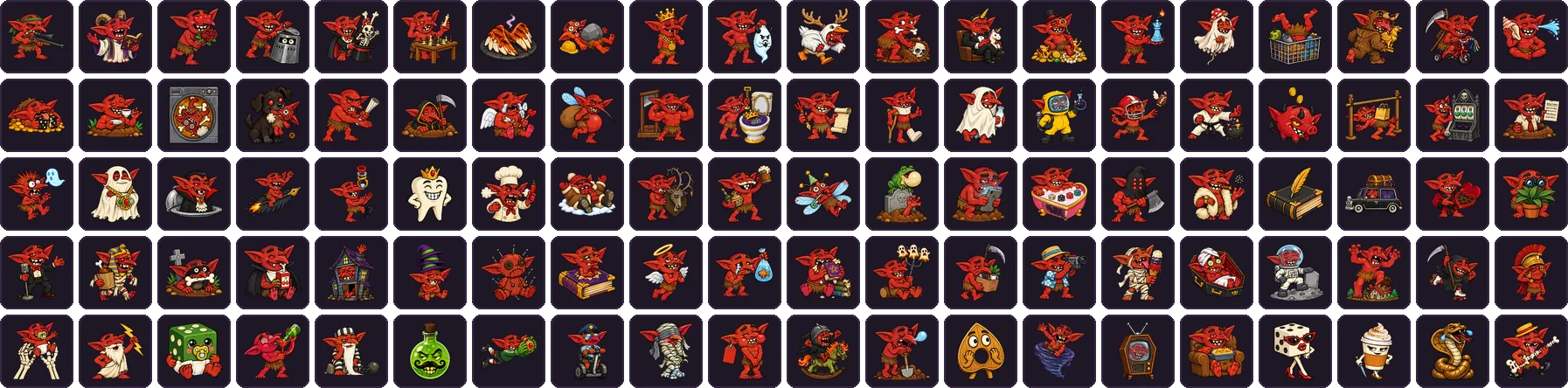 All 100 accolade icons, most of them starring Bunk, the demon intern