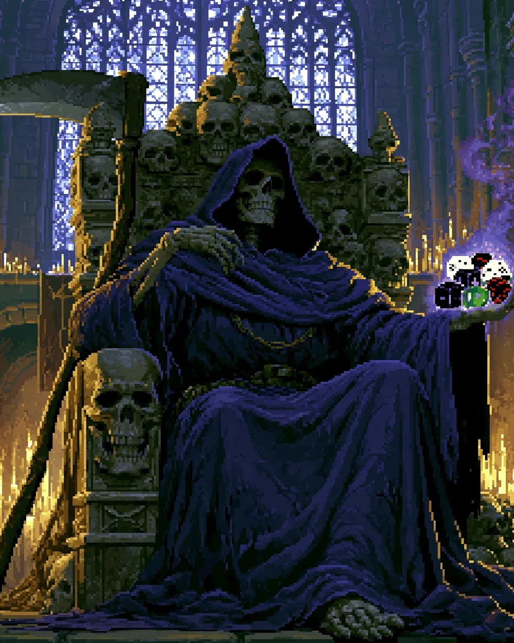 The Reaper on a throne of skulls in a candlelit cathedral, the death dice in his hand